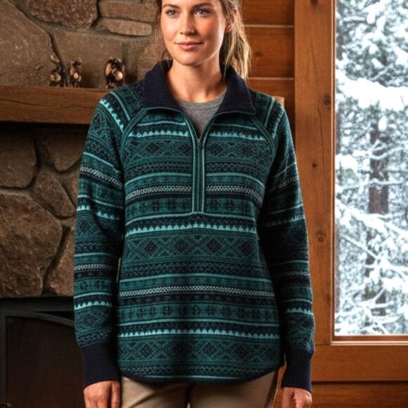 Eddie Bauer 1/4 Zip Fair Isle Sweater Womens Large Navy Teal Snowflake Nordic - Picture 1 of 8